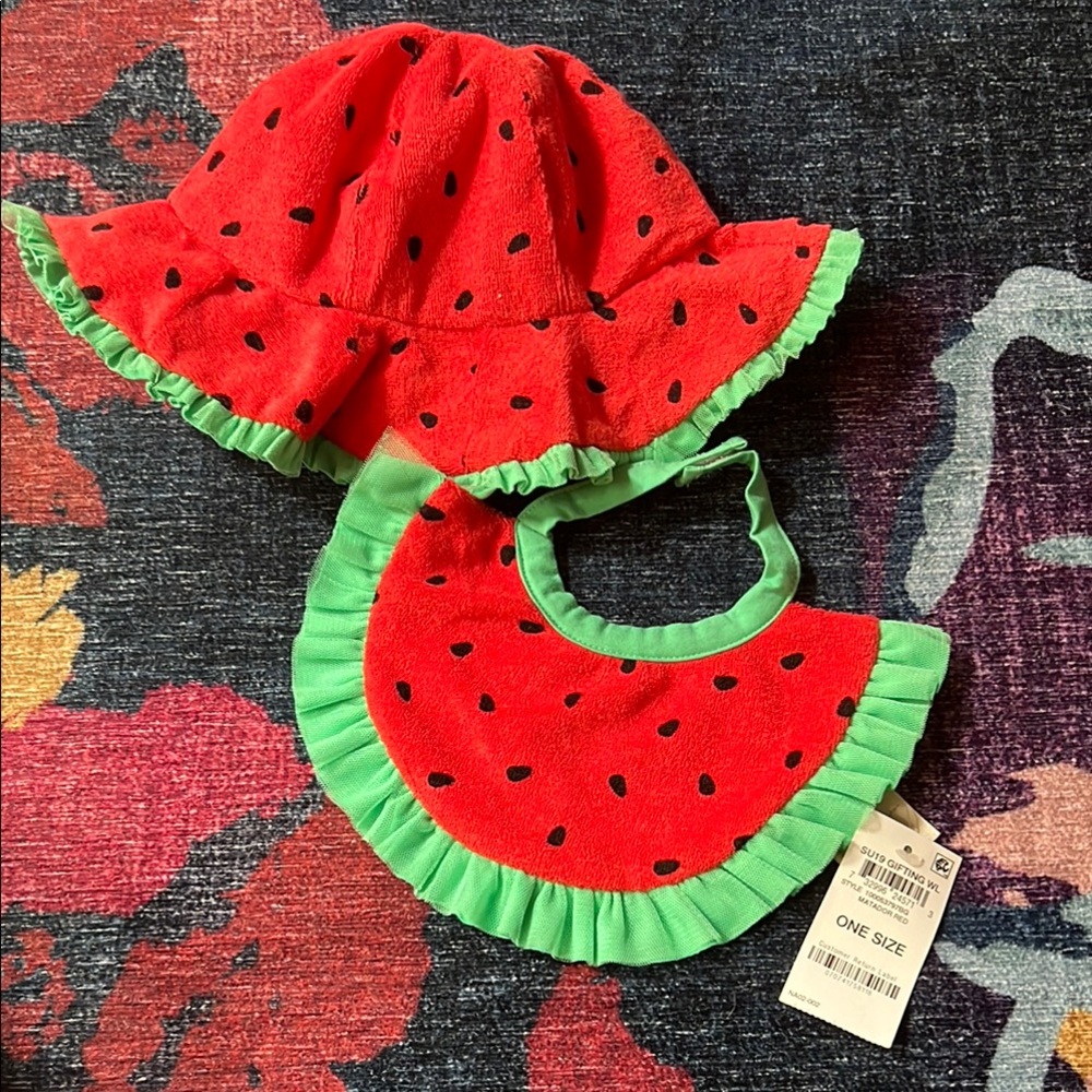 First Impressions Red and Green Watermelon Hat and matching bib size 0-6mo